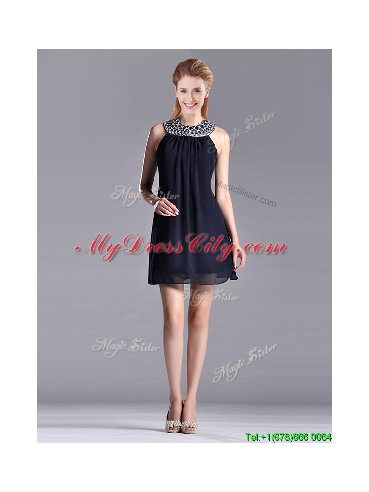 Popular Black Short Dama Dress with Beaded Decorated Halter Top