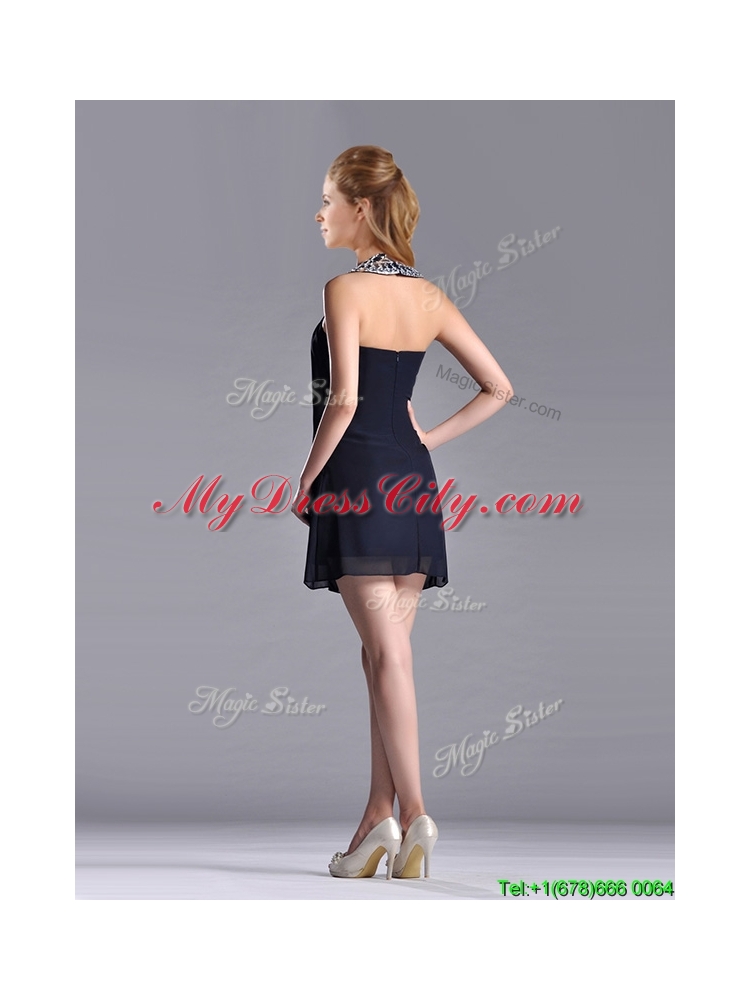 Popular Black Short Dama Dress with Beaded Decorated Halter Top