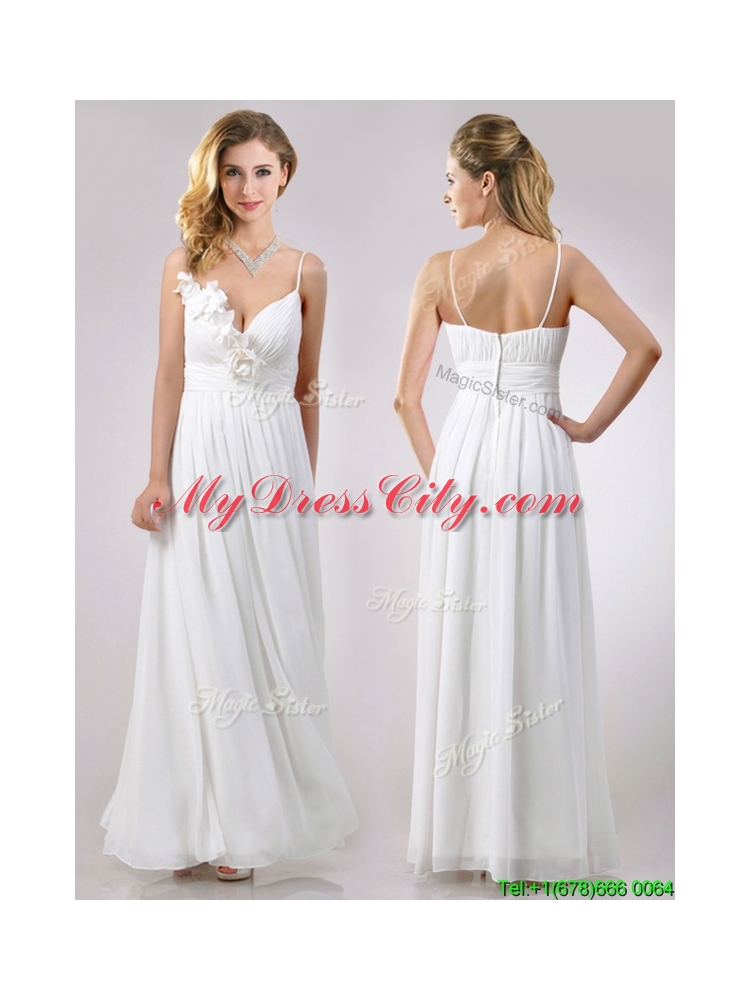 Popular Spaghetti Straps Applique and Ruched Dama Dress in White