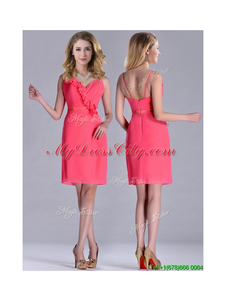 Popular V Neck Zipper Up Short Dama Dress in Coral Red