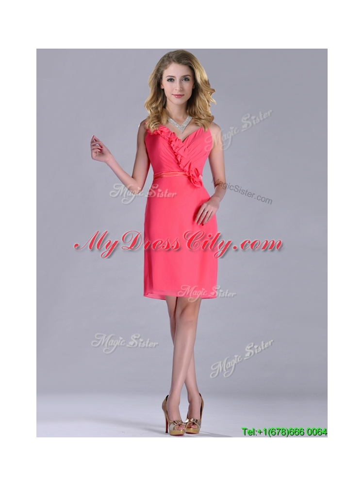 Popular V Neck Zipper Up Short Dama Dress in Coral Red