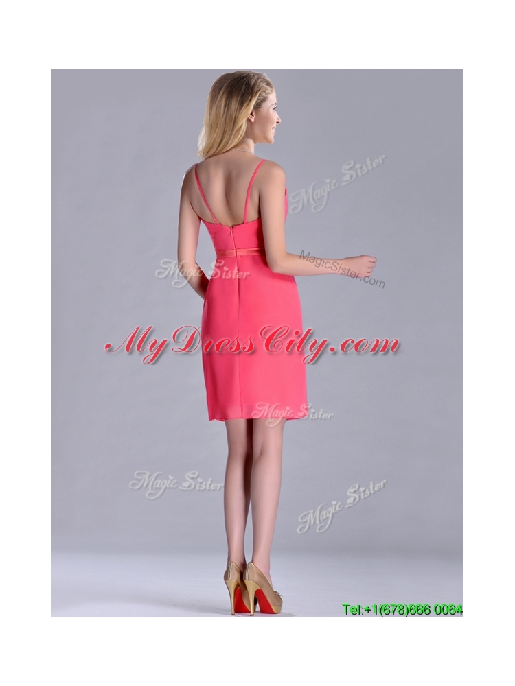 Popular V Neck Zipper Up Short Dama Dress in Coral Red