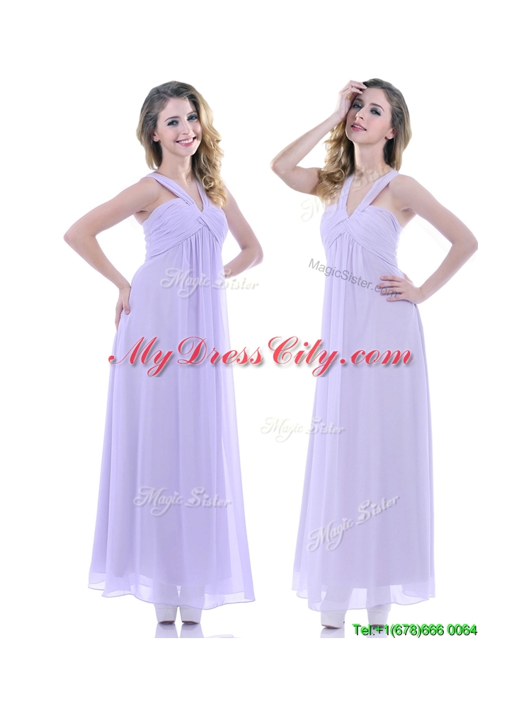 Wonderful Ruched Decorated Bust Ankle Length Dama Dress in Lavender