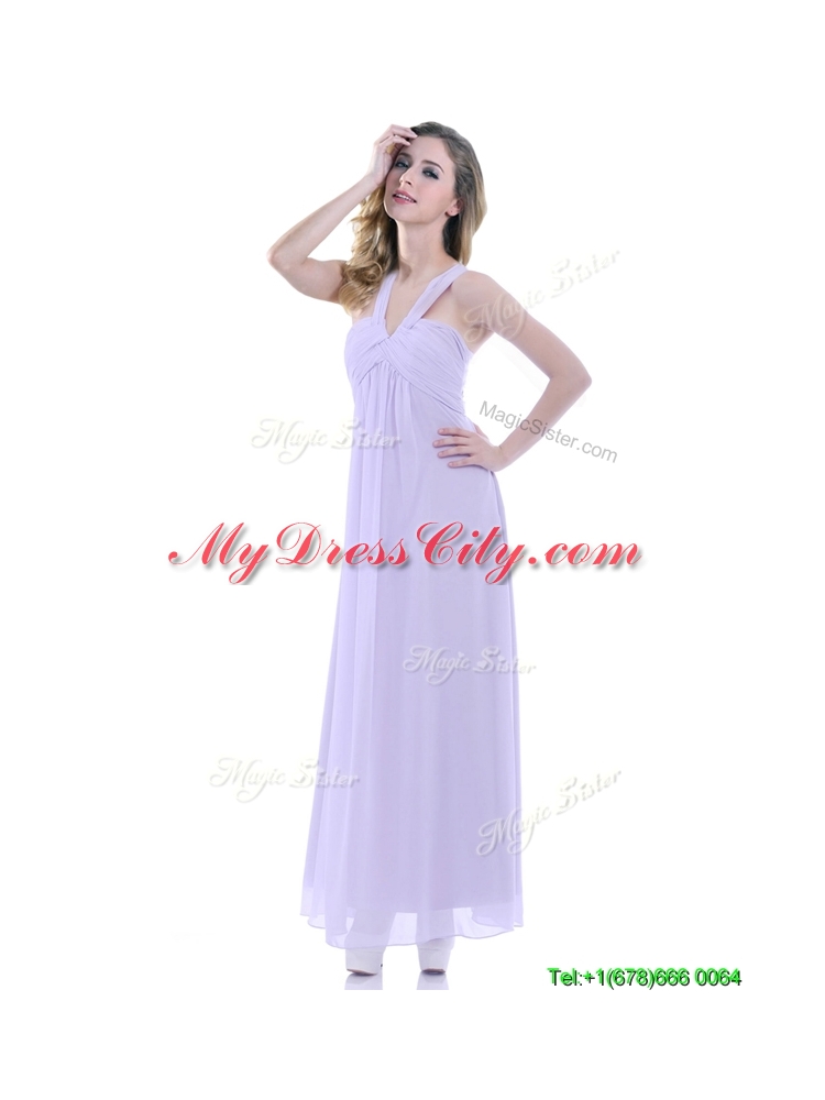 Wonderful Ruched Decorated Bust Ankle Length Dama Dress in Lavender