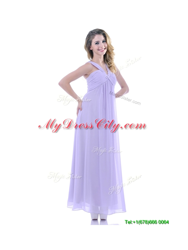 Wonderful Ruched Decorated Bust Ankle Length Dama Dress in Lavender