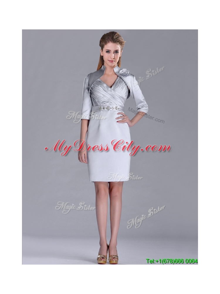 Popular Column Belted with Beading Silver Vintage Mother Dress with V Neck