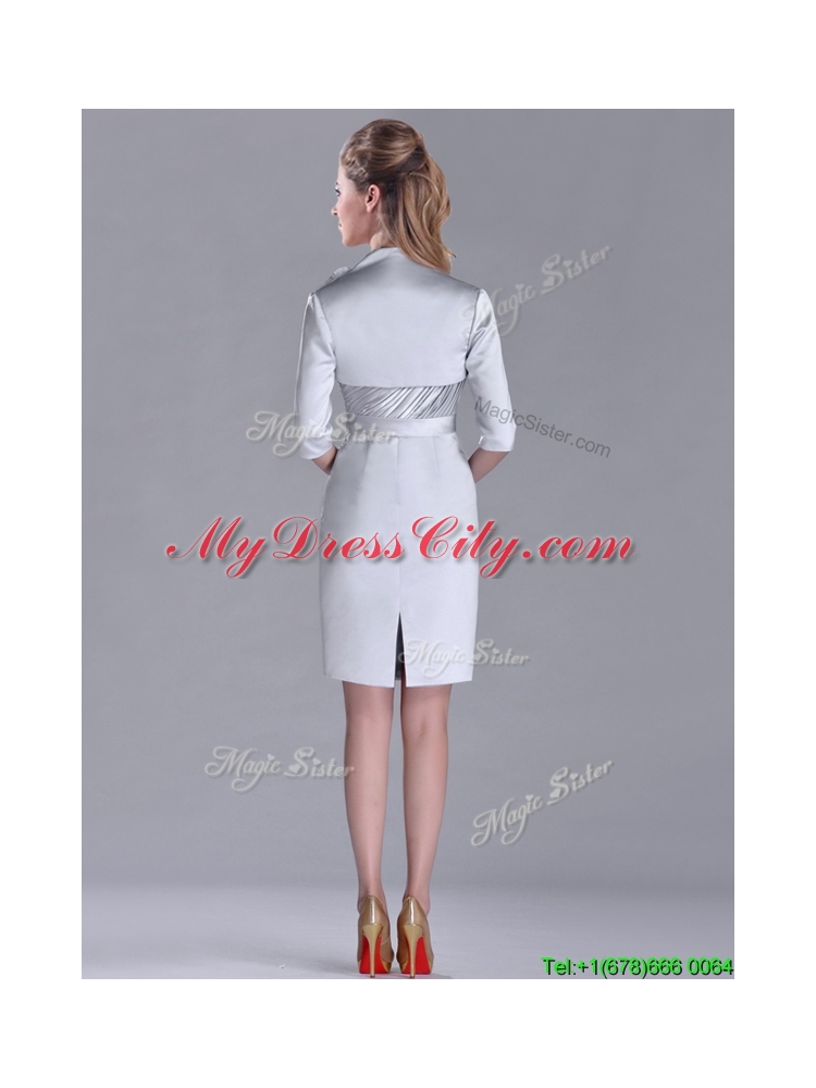 Popular Column Belted with Beading Silver Vintage Mother Dress with V Neck