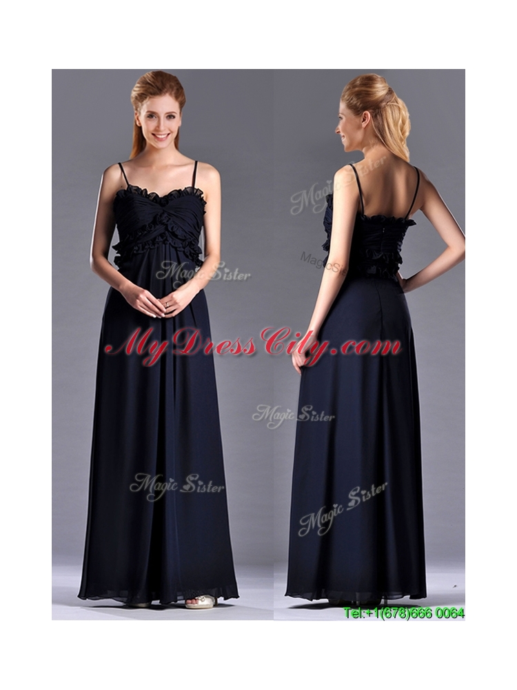 Simple Empire Straps Chiffon Ruching Navy Blue Dama Dress for Holiday