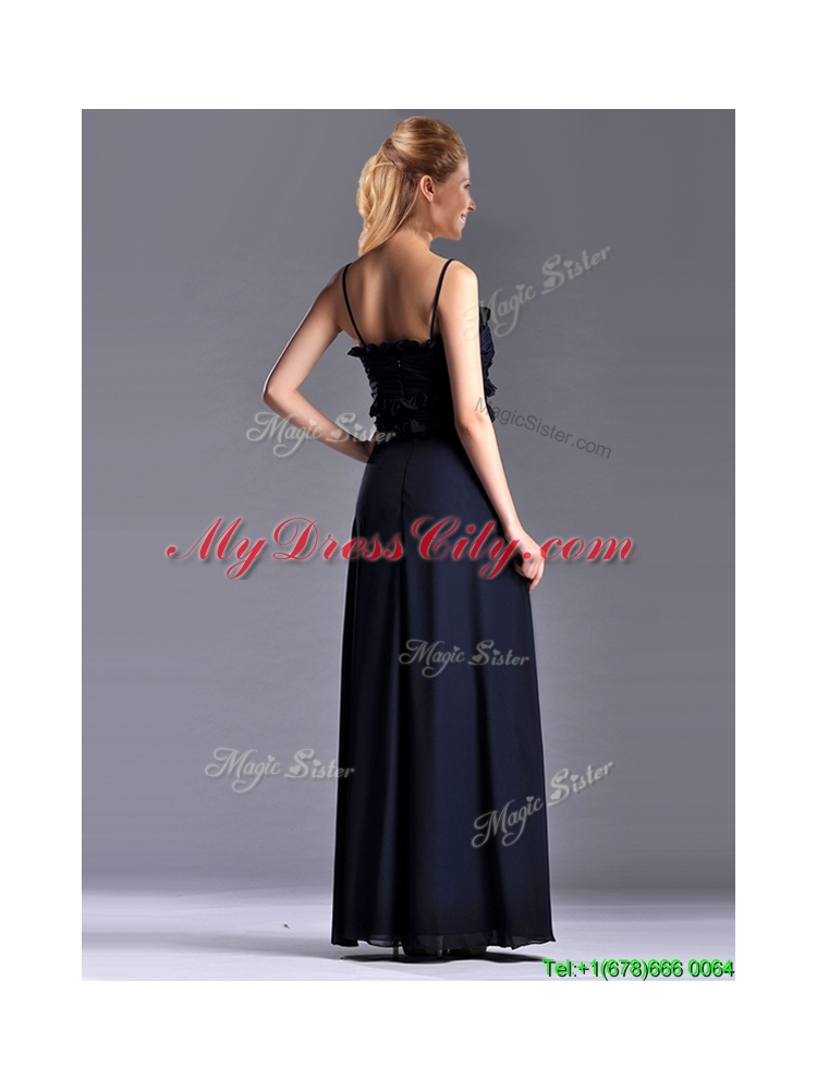 Simple Empire Straps Chiffon Ruching Navy Blue Dama Dress for Holiday