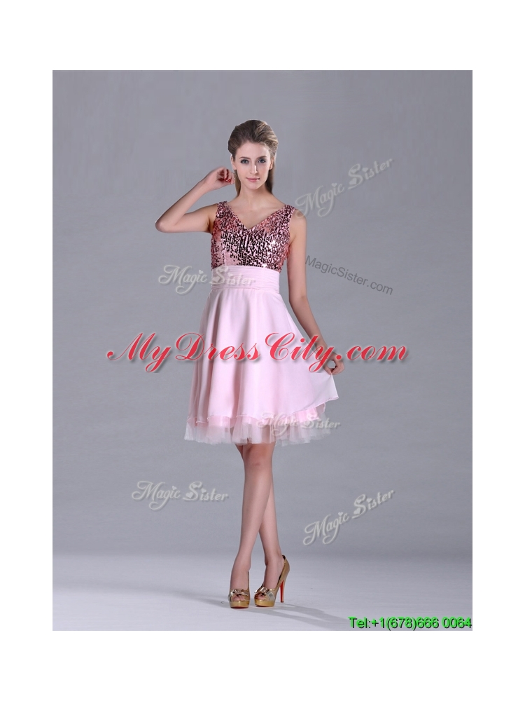 Latest V Neck Sequined Decorated Bodice Prom Dress in Baby Pink