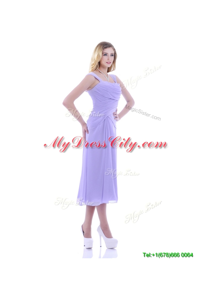 Fashionable Lavender Empire Square Bridesmaid Dress in Tea Length