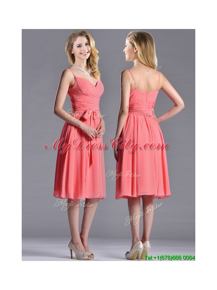 New Best Spaghetti Straps Watermelon Bridesmaid Dress with Ruching and Bowknot
