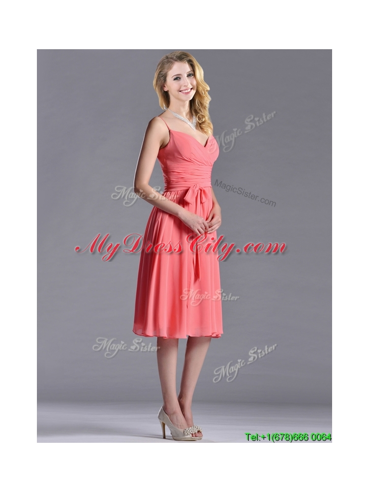 New Best Spaghetti Straps Watermelon Bridesmaid Dress with Ruching and Bowknot