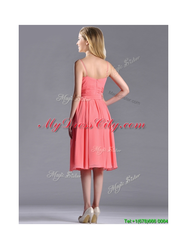 New Best Spaghetti Straps Watermelon Bridesmaid Dress with Ruching and Bowknot