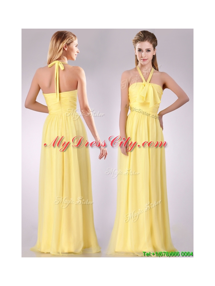 New Bridesmaid Lovely Halter Top Chiffon Ruched Long Bridesmaid Dress in Yellow