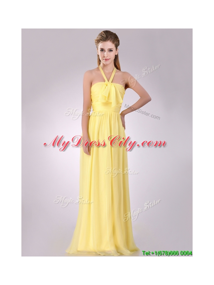 New Bridesmaid Lovely Halter Top Chiffon Ruched Long Bridesmaid Dress in Yellow