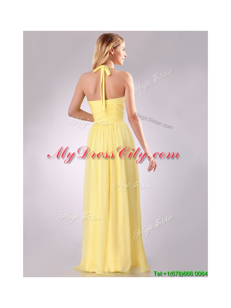 New Bridesmaid Lovely Halter Top Chiffon Ruched Long Bridesmaid Dress in Yellow