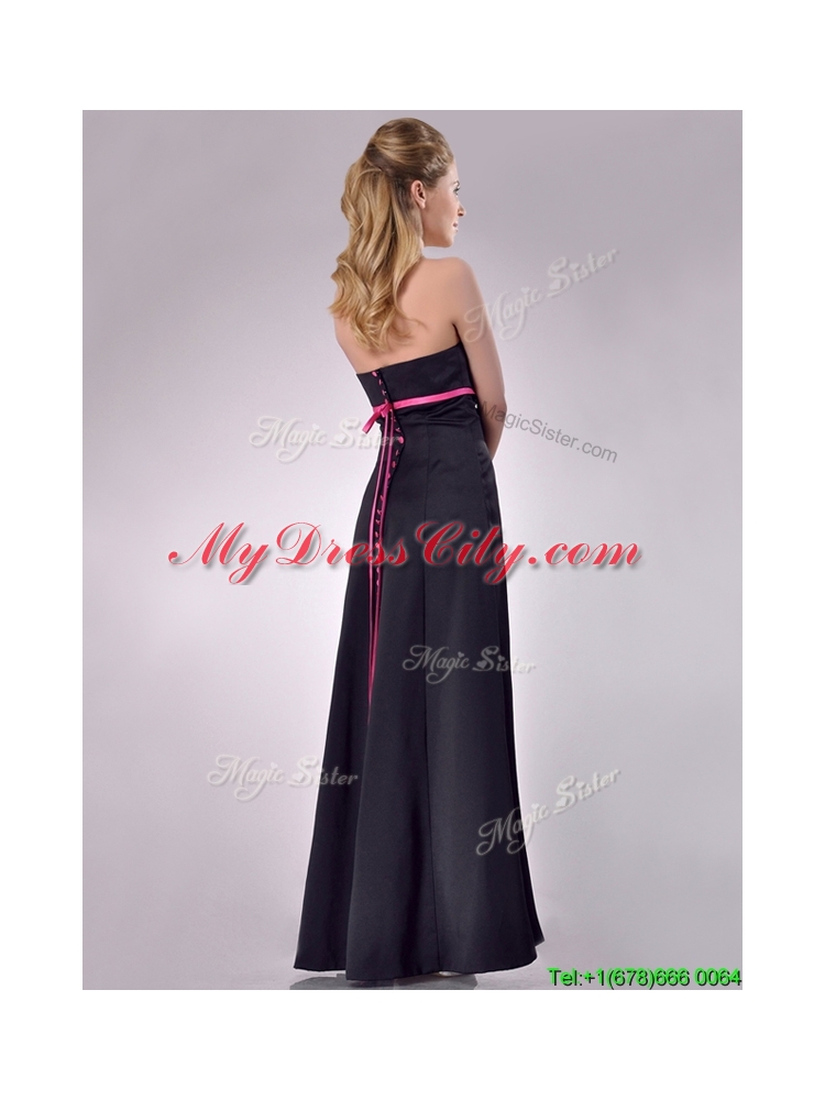 New Classical Black Ankle Length Bridesmaid Dress with Hot Pink Belt