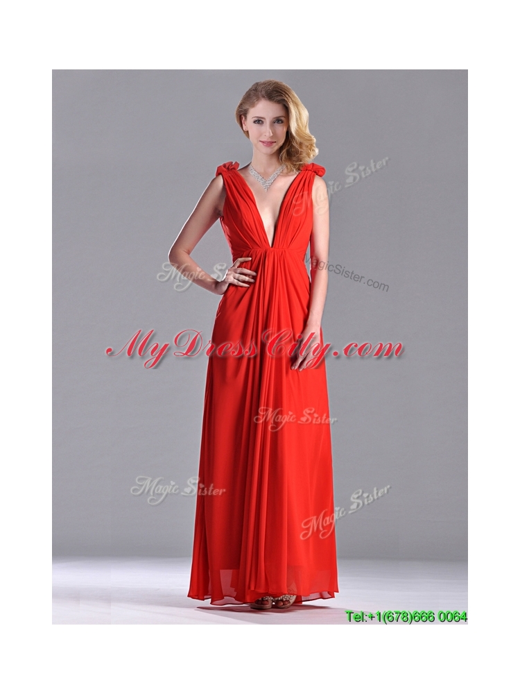 New Elegant Deep V Neckline Red Bridesmaid Dress with Hand Crafted Flowers