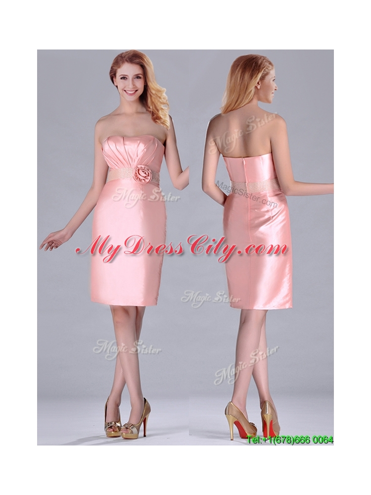 New Short Strapless Knee Length Pink Bridesmaid Dress with Hand Crafted and Beading