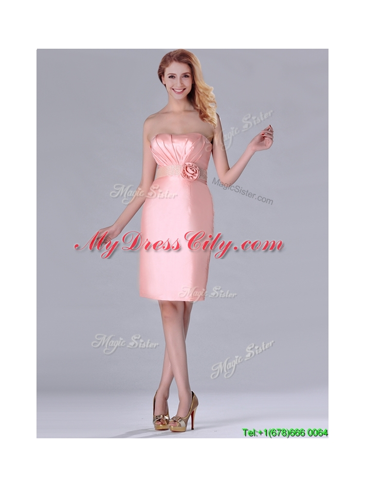 New Short Strapless Knee Length Pink Bridesmaid Dress with Hand Crafted and Beading