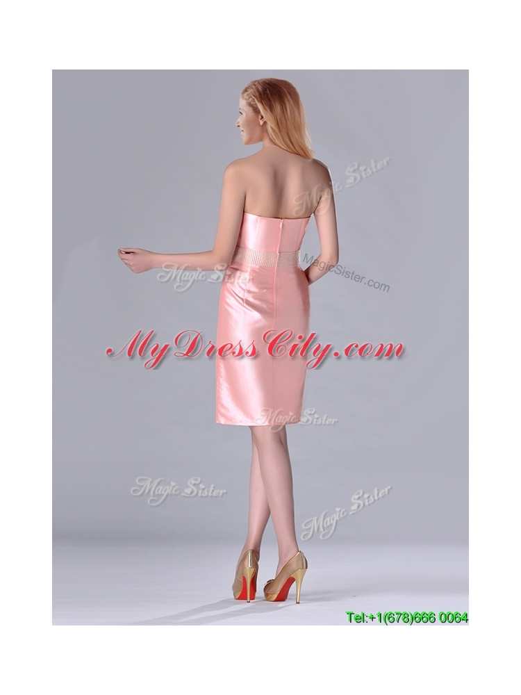 New Short Strapless Knee Length Pink Bridesmaid Dress with Hand Crafted and Beading