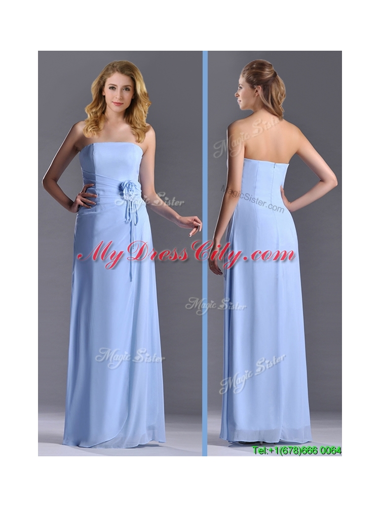New Cheap Strapless Hand Crafted Flower Long Bridesmaid Dress in Light Blue