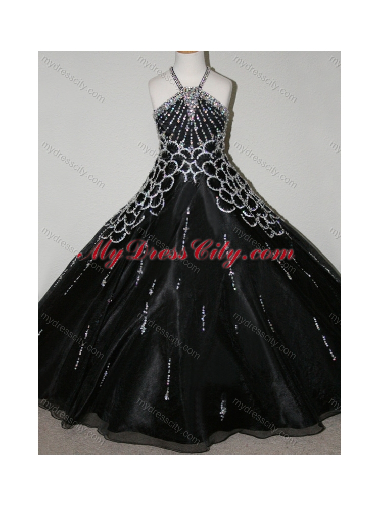 2016 Cheap Beaded Decorated Halter Top and Bodice Little Girl Pageant Dress in Black