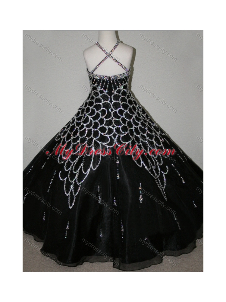 2016 Cheap Beaded Decorated Halter Top and Bodice Little Girl Pageant Dress in Black