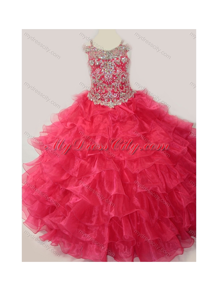 2016 Cute Ball Gown Coral Red Beading and Ruffled Layers Little Girl Pageant Dress with Straps and Off the Shoulder
