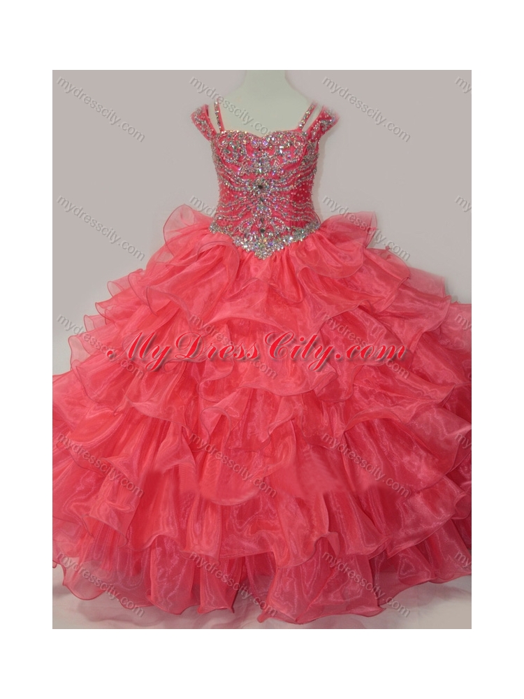 2016 Perfect Sweetheart Beaded Little Girl Pageant Dress with Spaghetti Straps in Coral Red