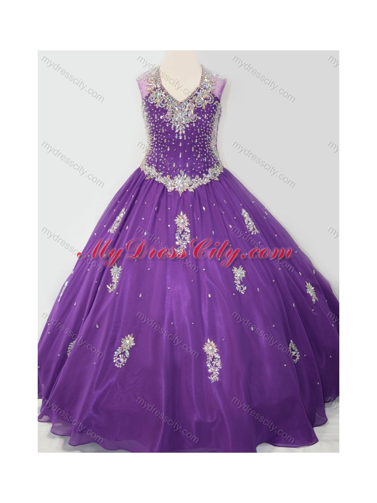 Cheap Ball Gown V Neck Organza Beaded and Applique  Mini Quinceanera Dress in Purple
