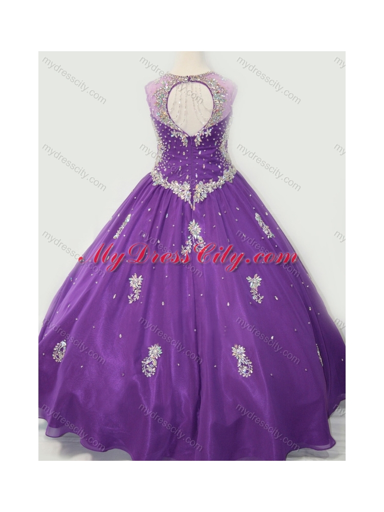 Cheap Ball Gown V Neck Organza Beaded and Applique  Mini Quinceanera Dress in Purple