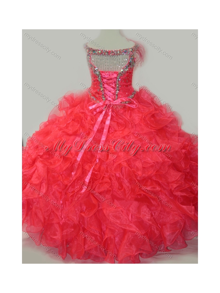 CoraL Red Ball Gown V Neck Organza Beading Mini Quinceanera Dress with Lace Up