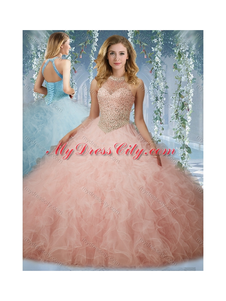 Elegant Beaded Bodice Baby Pink Quinceanera Dress with Halter Top