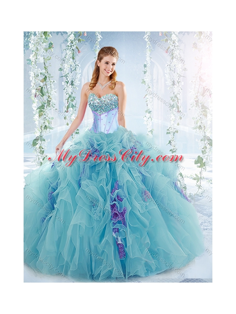 Exquisite Beaded Bust and Ruffled Detachable Quinceanera Dresses in Aqua Blue