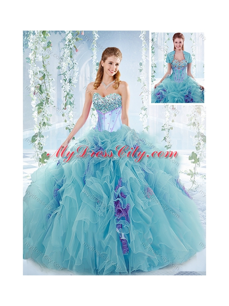 Exquisite Beaded Bust and Ruffled Detachable Quinceanera Dresses in Aqua Blue