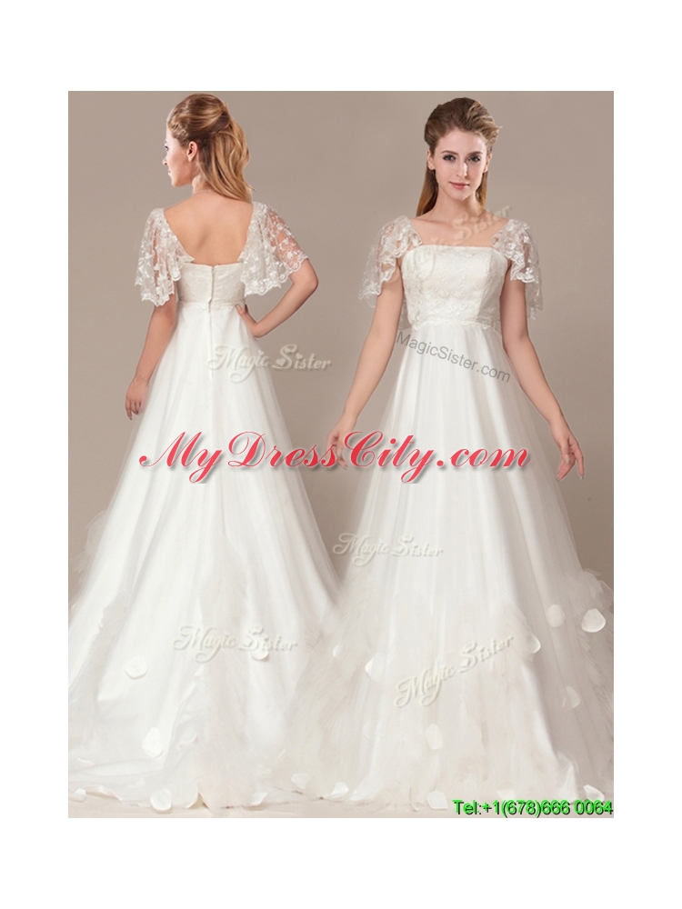 Beautiful Square Laced and Applique 2016 Wedding Dresses with Brush Train