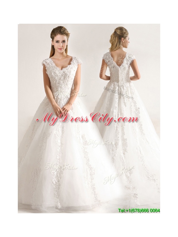 New Style A Line Tull Short Sleeves Wedding Dresses with Beading and Appliques