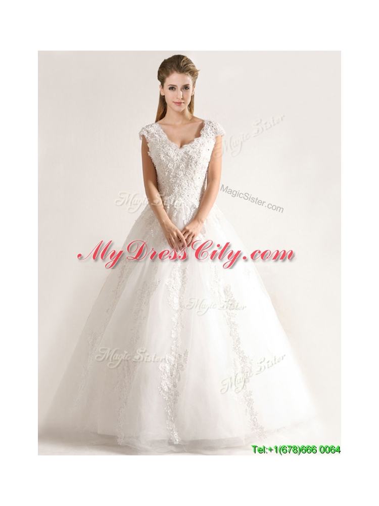 New Style A Line Tull Short Sleeves Wedding Dresses with Beading and Appliques