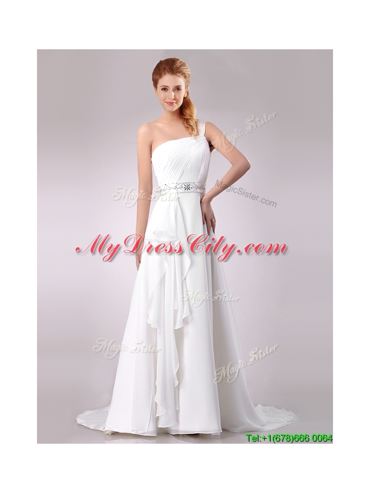 Delicate One Shoulder Brush Train Beaded Wedding Dress in Chiffon for 2016