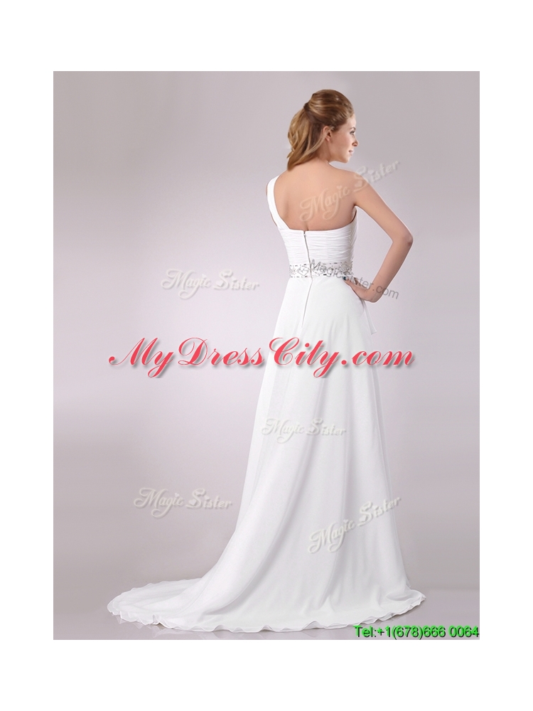 Delicate One Shoulder Brush Train Beaded Wedding Dress in Chiffon for 2016