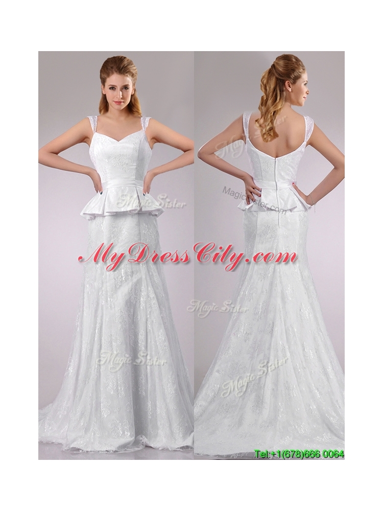 Fashionable Column V Neck Court Train Bridal Dress in Lace