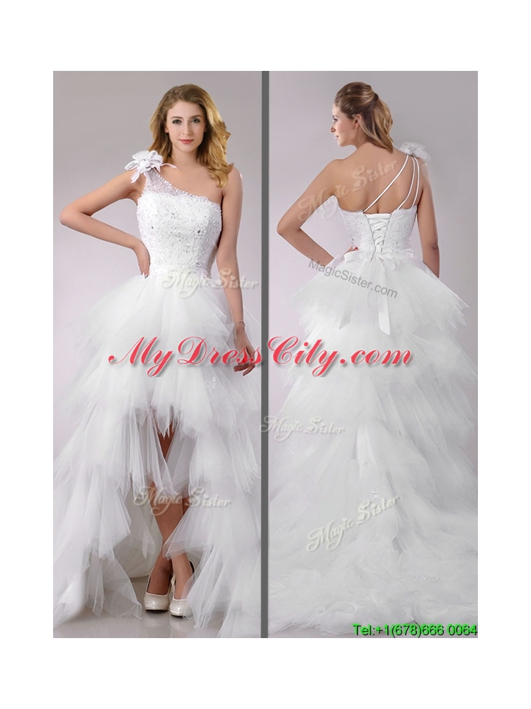 Gorgeous High Low Beaded and Ruffled Wedding Dress with Detachable Skirts