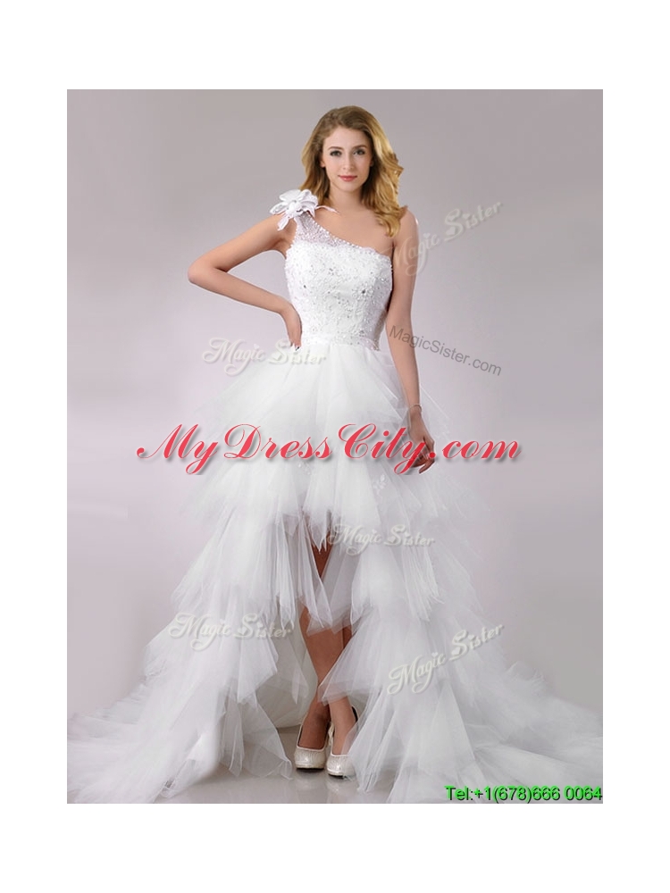 Gorgeous High Low Beaded and Ruffled Wedding Dress with Detachable Skirts