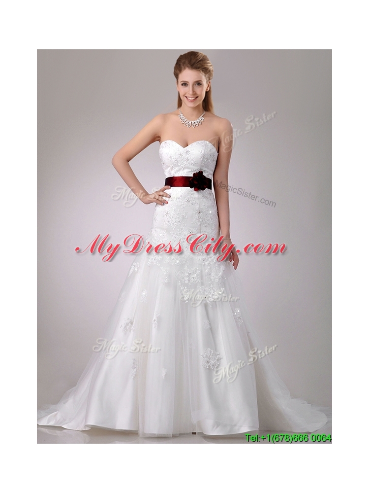 Lovely Be-ribboned Beaded and Applique Wedding Dress with Brush Train