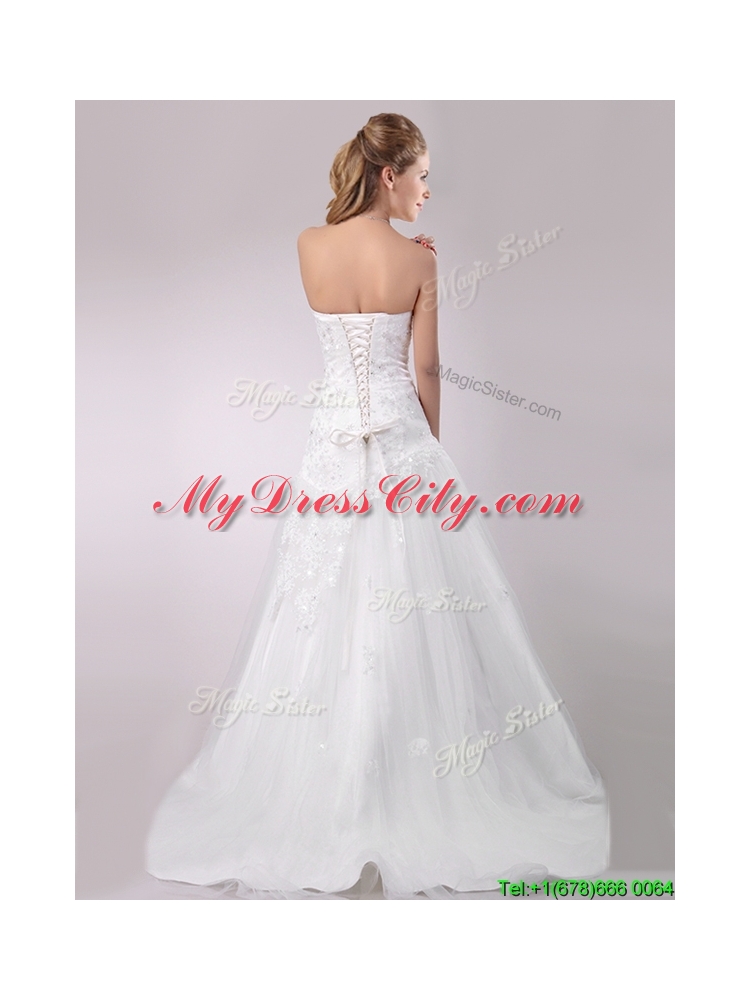 Lovely Be-ribboned Beaded and Applique Wedding Dress with Brush Train