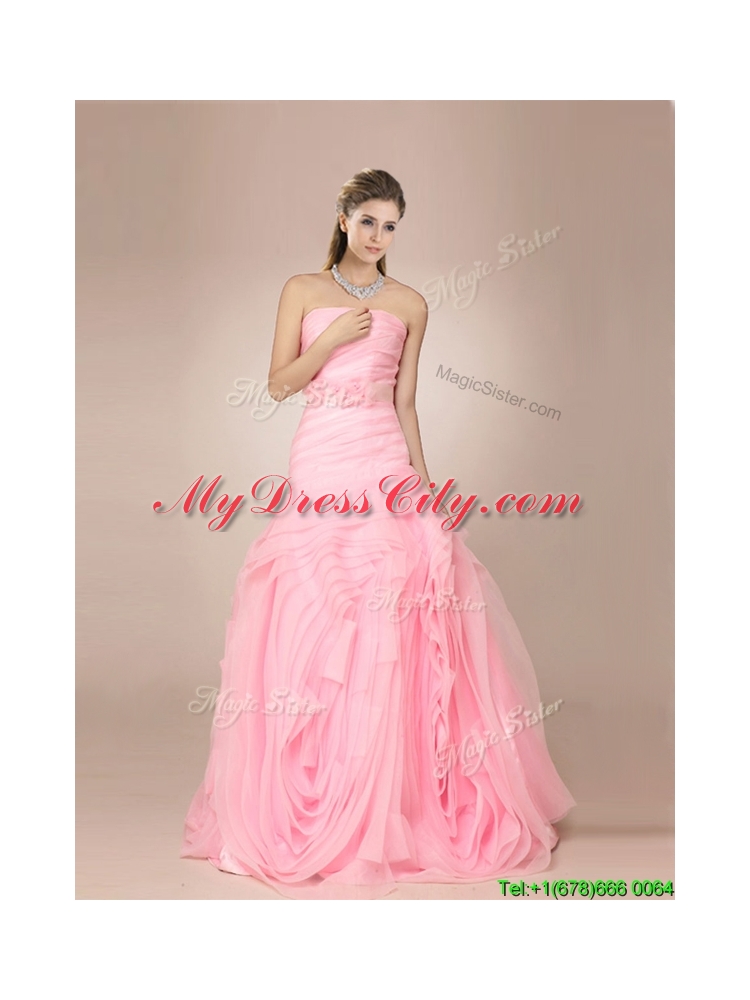 Lovely Mermaid Baby Pink Wedding Dresses with Ribbons and Rolling Flower