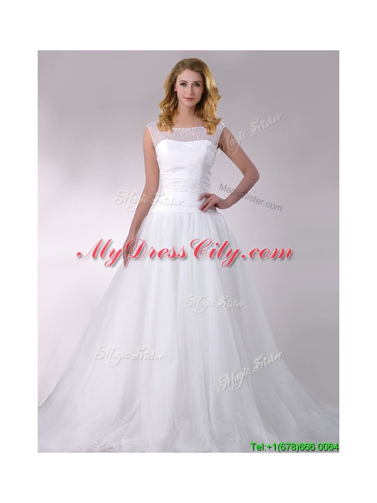 Wonderful A Line Scoop Court Train Tulle Wedding Dress with Beading