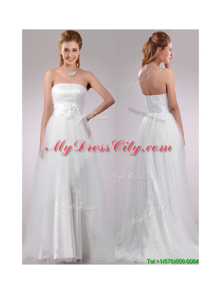Wonderful Strapless Brush Train Wedding Dress with Handcrafted Flowers